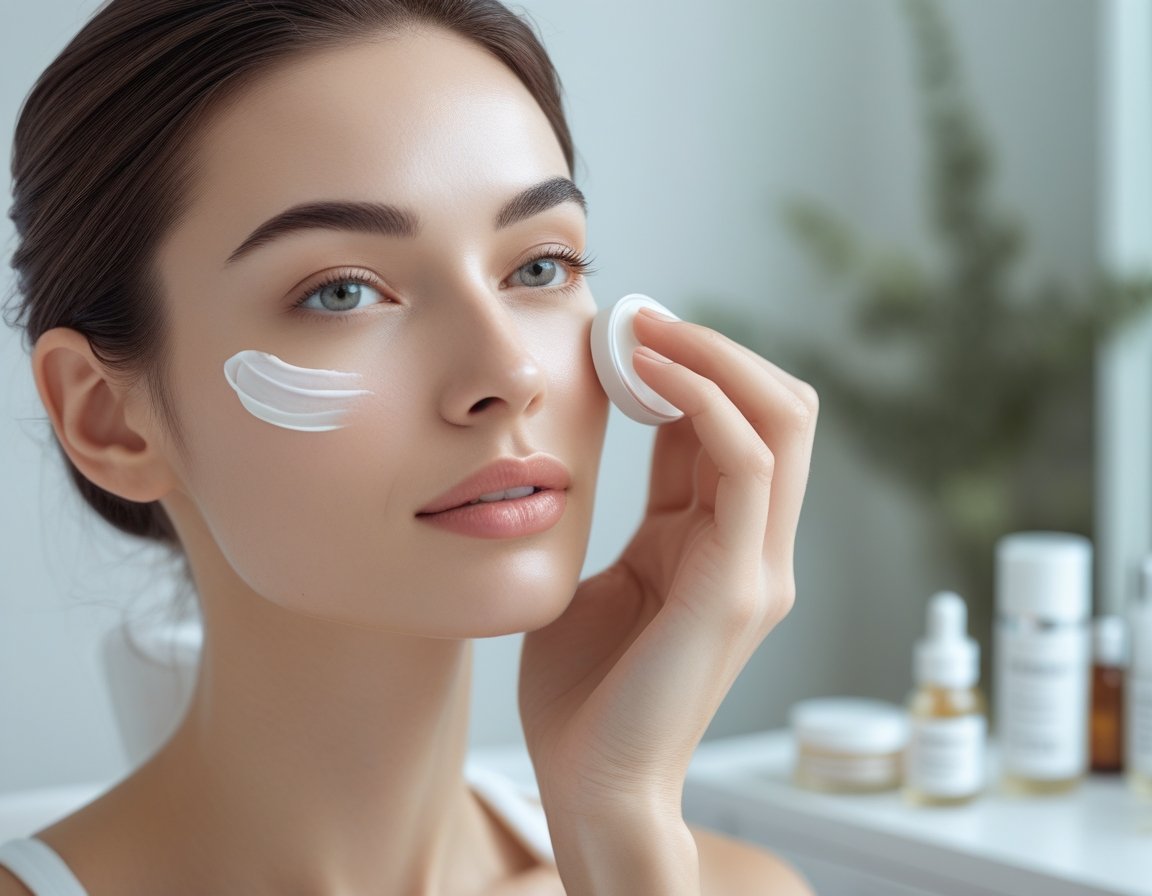 A young woman applying eye cream under her eyes in a bright, clean room with skincare products on a table nearby.